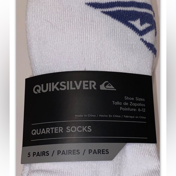 Quicksilver Quarter Socks 5 Pair Men 6-12 White w Multicolor Toe Heel Logo Surf - Picture 2 of 11